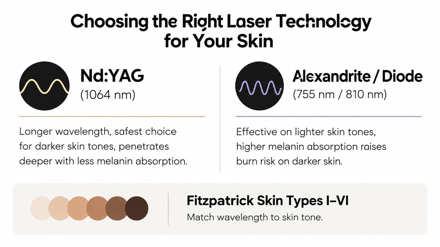 A comparison chart showing laser hair removal technologies for different Fitzpatrick skin tones, from light to dark.