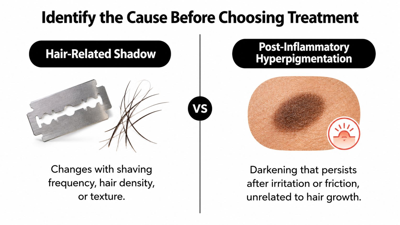 A comparison chart illustrating the difference between hair-related shadows and post-inflammatory hyperpigmentation for skin care diagnosis.