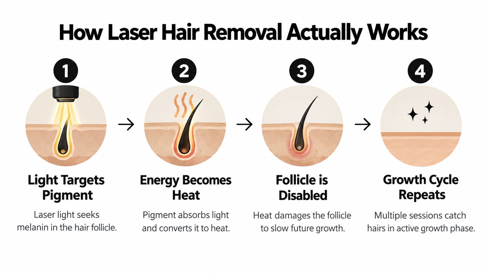 A four-step infographic showing how laser hair removal targets hair follicles to stop future growth.