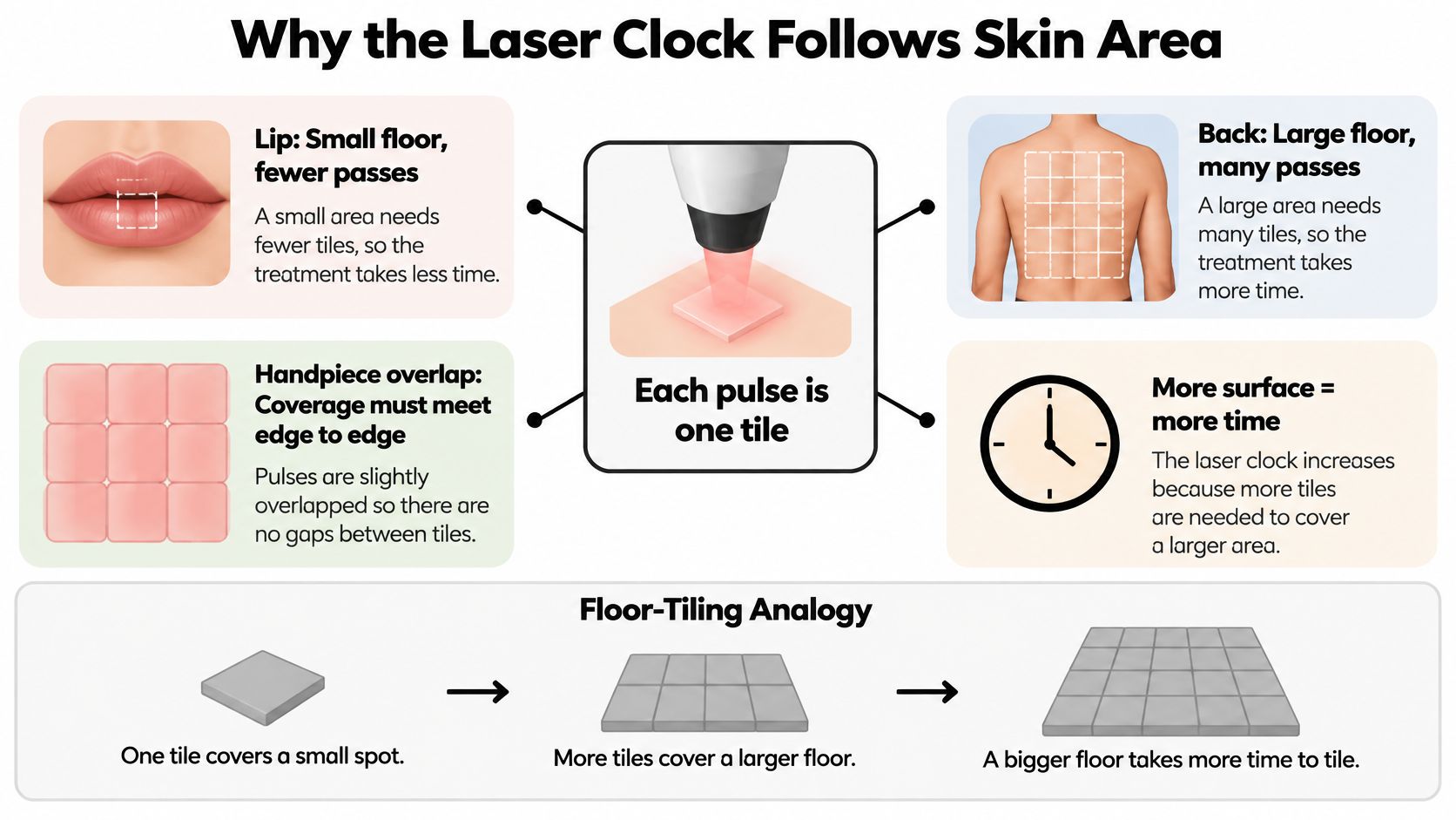 A diagram explaining why laser hair removal time depends on skin surface area using a tile analogy.