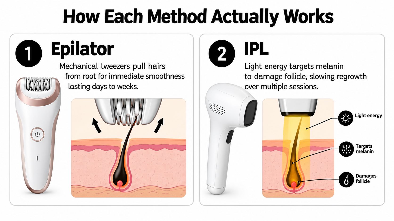 A comparison infographic showing how epilator mechanical tweezers and IPL light energy devices remove unwanted body hair.