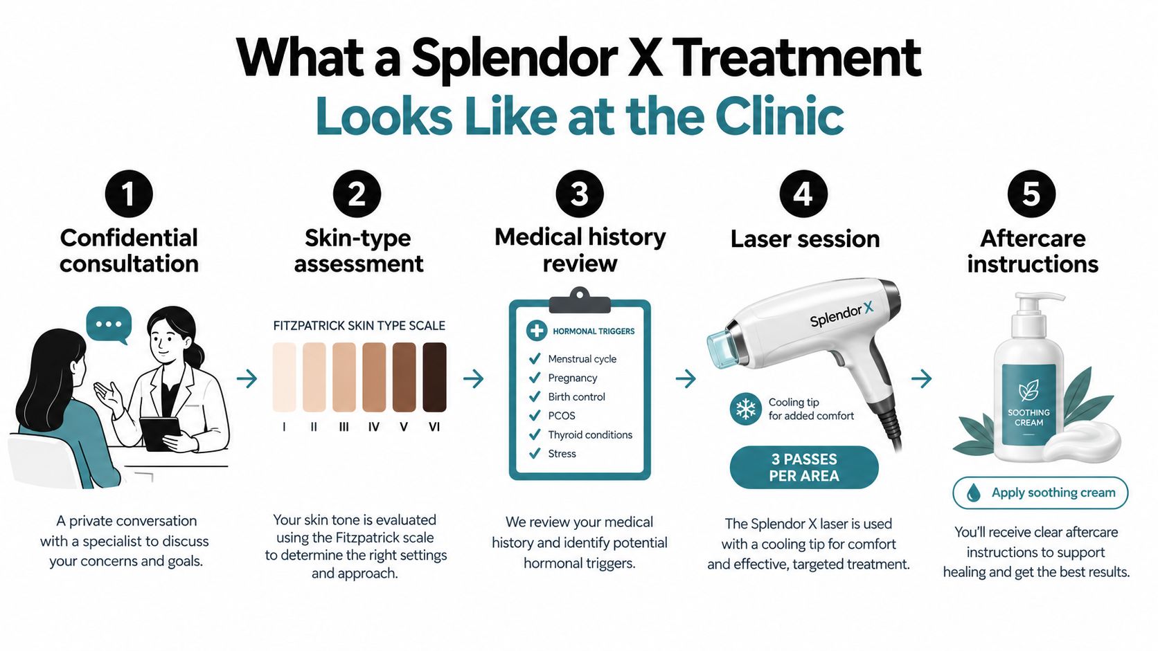 A five-step infographic showing the process of a professional Splendor X laser hair removal treatment at a clinic.