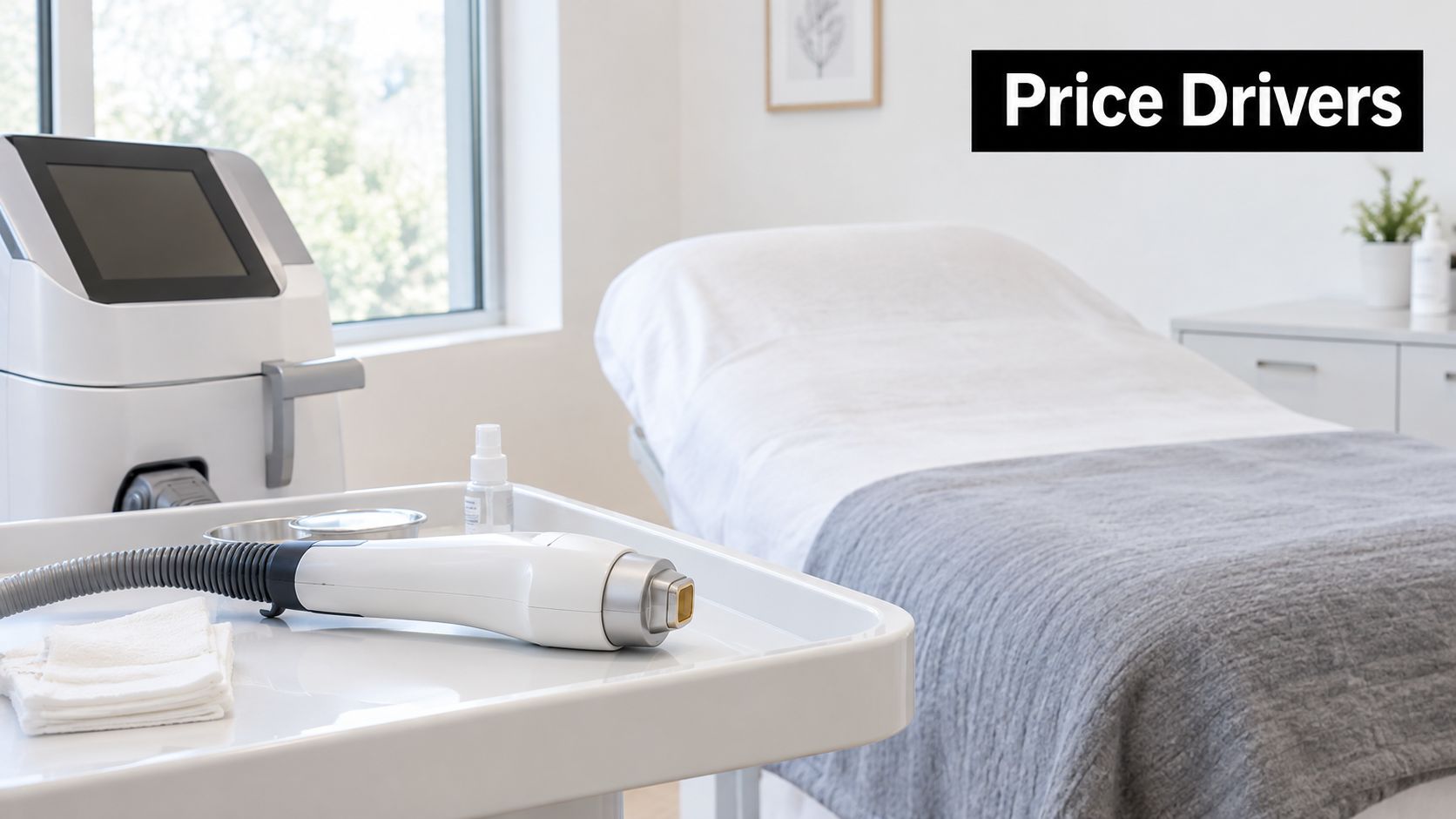 A professional laser hair removal machine and equipment ready for a treatment session in a clinic room.