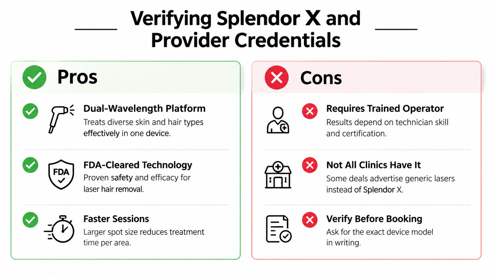 A pros and cons infographic comparing the benefits and considerations of using the Splendor X laser system.