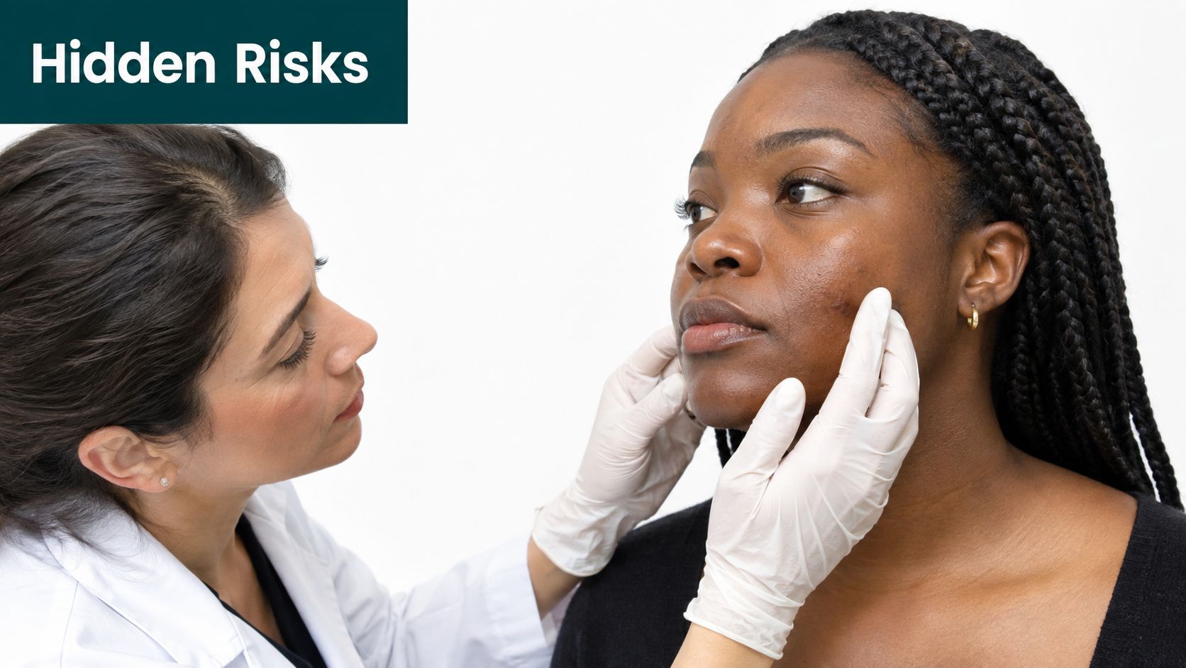 A dermatologist wearing gloves examines the skin of a patient to address concerns about hyperpigmentation.