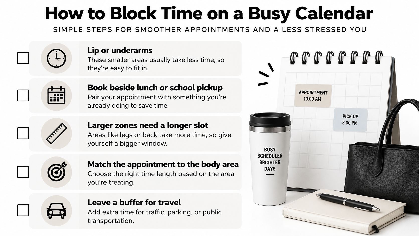 An infographic on how to efficiently block time on a busy calendar for laser hair removal appointments.