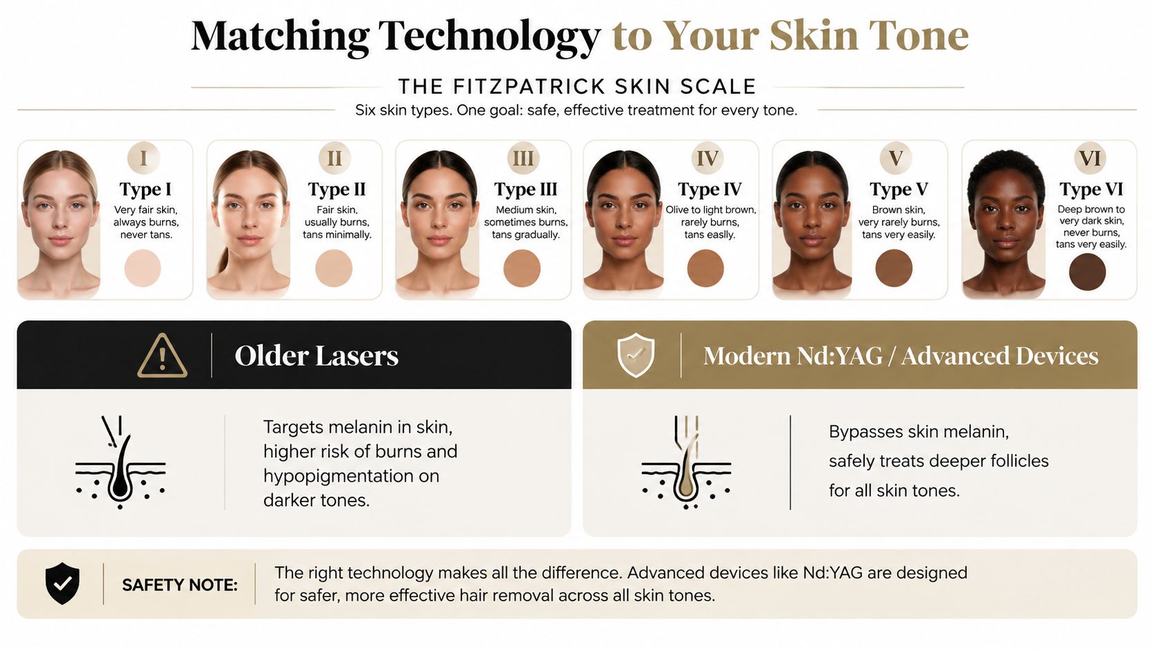 A chart illustrating the Fitzpatrick skin scale from types I to VI and comparing older lasers to modern Nd:YAG technology.