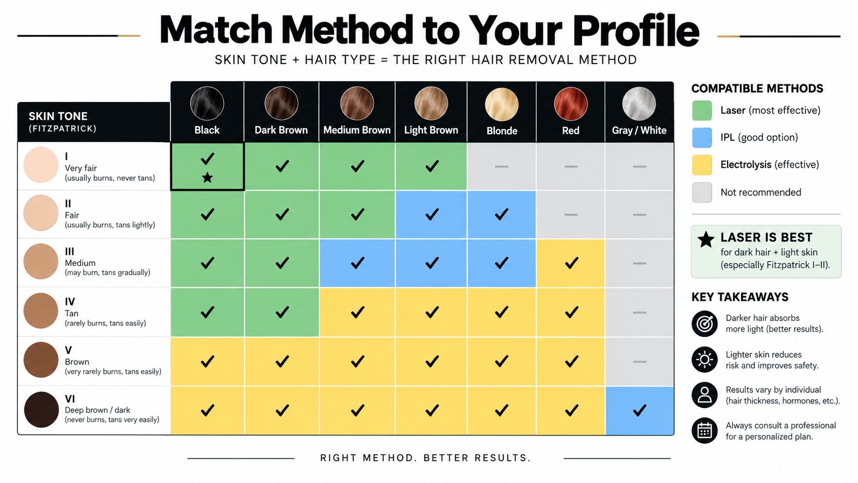 A color-coded chart matching skin tone and hair color to the most effective hair removal methods.