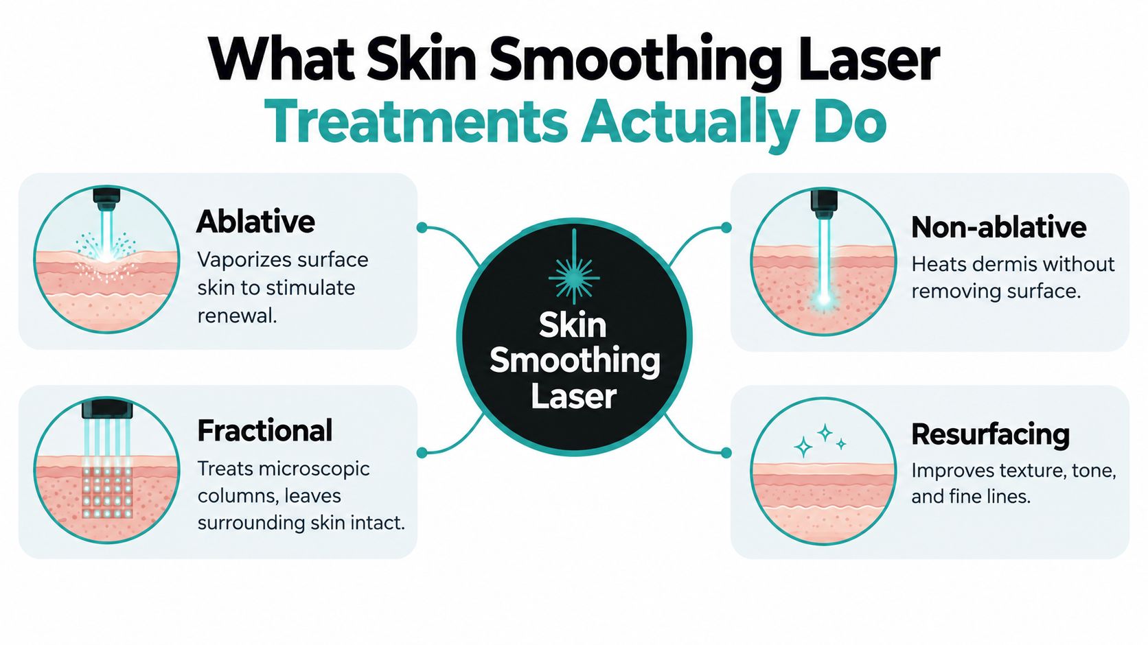 A diagram explaining how skin smoothing laser treatments work, including ablative, non-ablative, fractional, and resurfacing techniques.