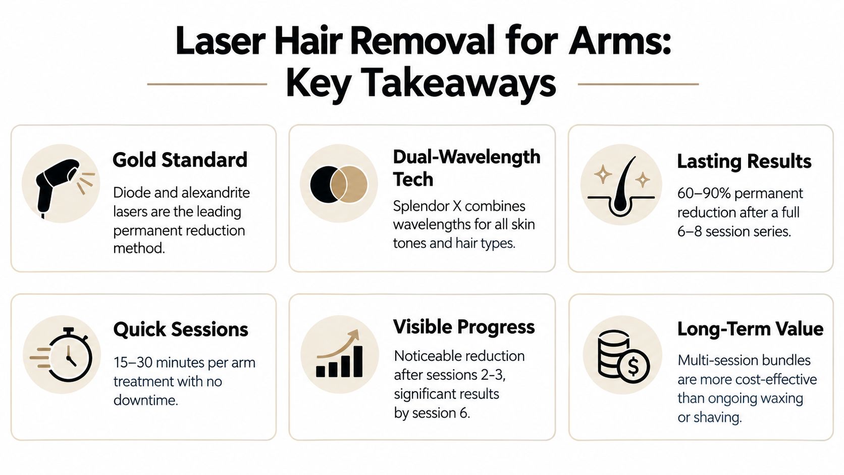 A helpful infographic listing six key benefits and facts about laser hair removal for arms.