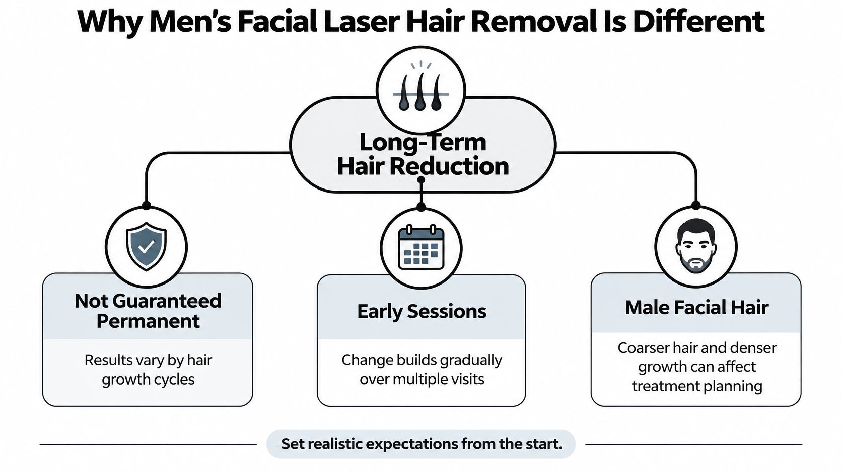 An infographic explaining key considerations for men considering laser facial hair removal, including results and growth cycles.