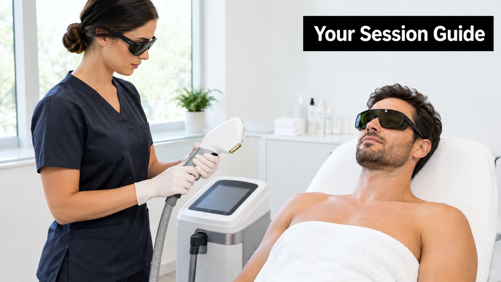 A professional laser technician preparing a hair removal device to treat a male patient's chest and stomach area.
