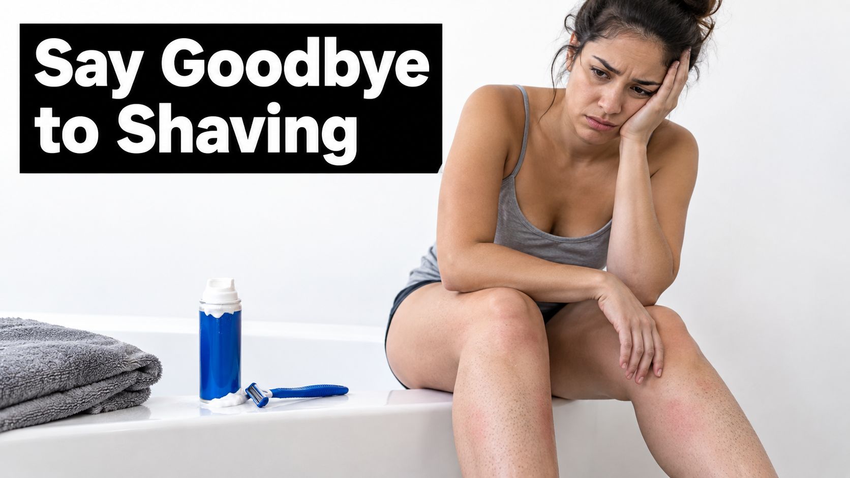 A frustrated woman sits in a bathroom next to shaving supplies, highlighting skin irritation from shaving.
