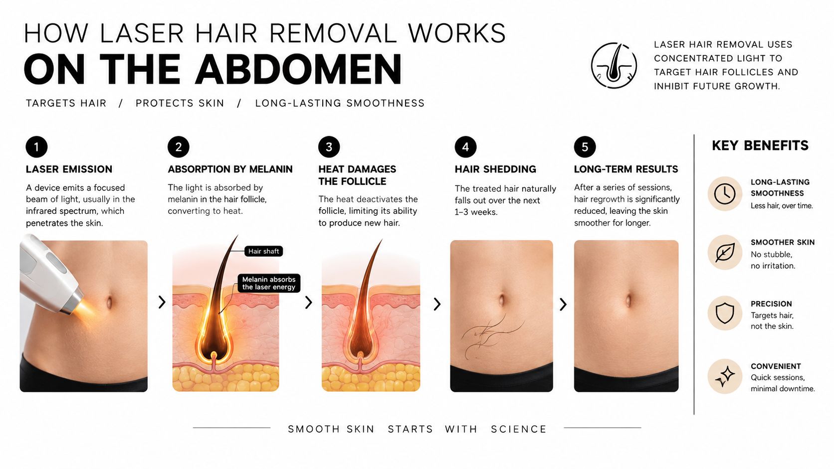 An infographic detailing the step-by-step biological process of laser hair removal on the abdomen.
