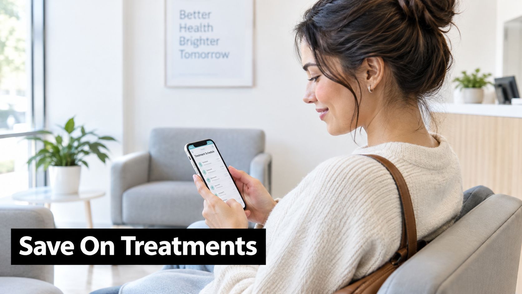 A woman sitting in a modern waiting room viewing a treatment schedule on her mobile phone.