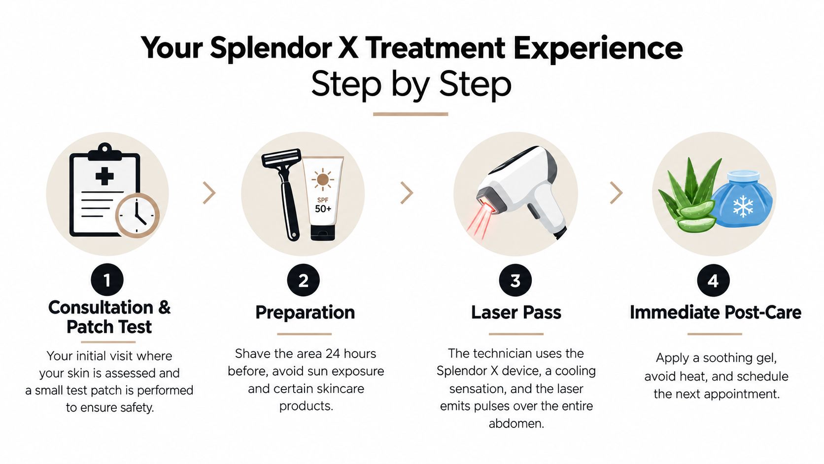 A four-step infographic illustrating the Splendor X laser hair removal process from consultation to post-care.