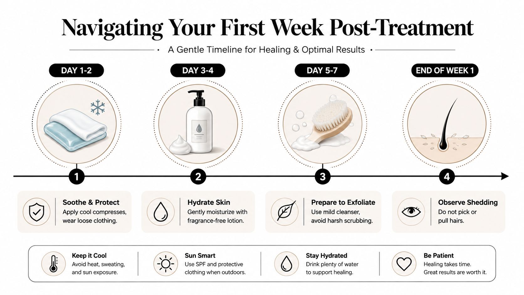 A timeline graphic showing post-treatment skincare advice for the first week, including cooling, moisturizing, and exfoliation.