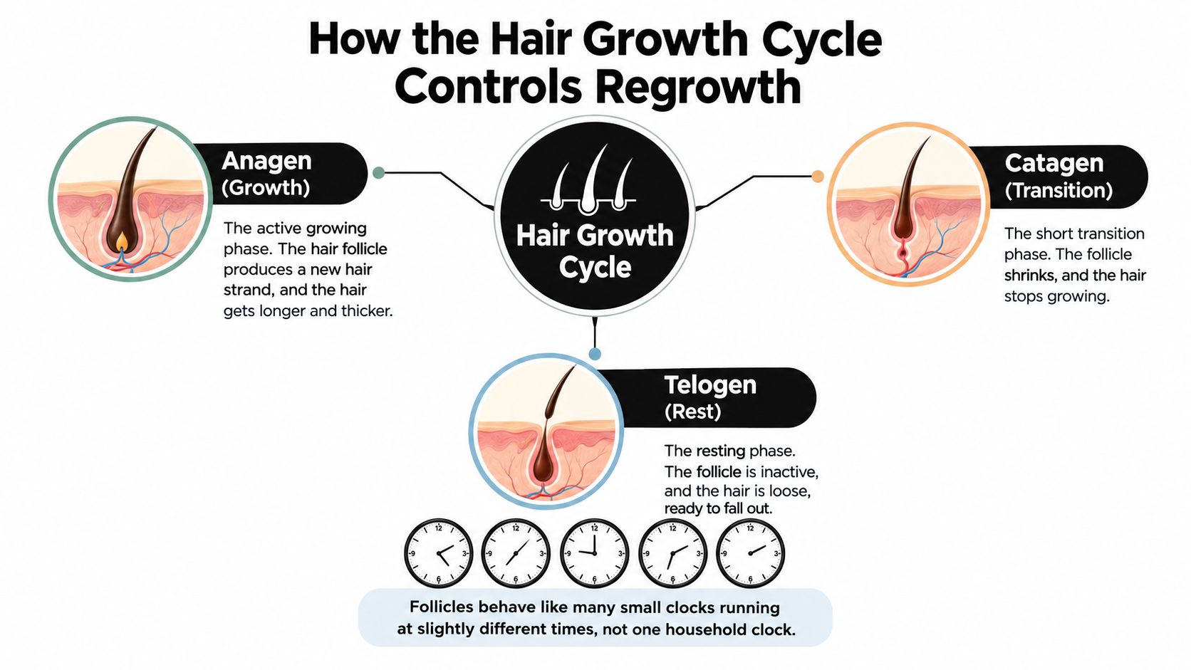 An infographic diagram illustrating the three phases of the hair growth cycle: anagen, catagen, and telogen.