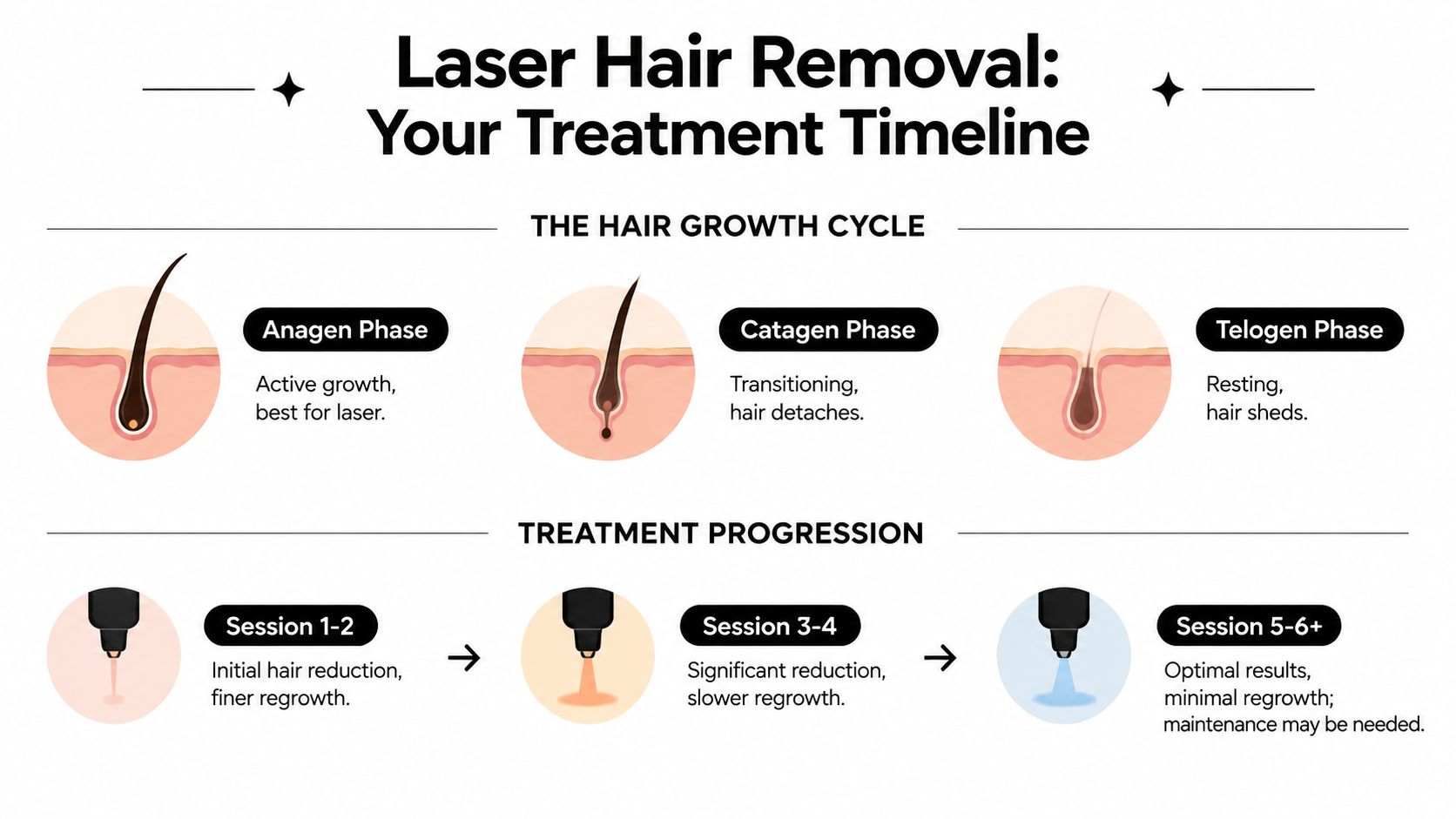 A diagram explaining the hair growth cycle and how laser hair removal treatment progresses over several sessions.
