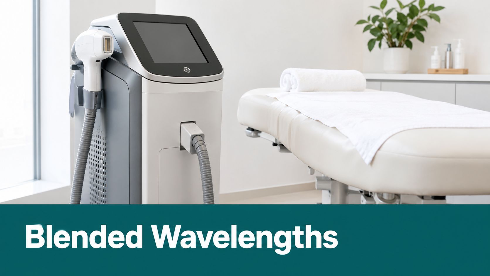 A professional laser hair removal machine stands next to a treatment table in a modern clinic room.