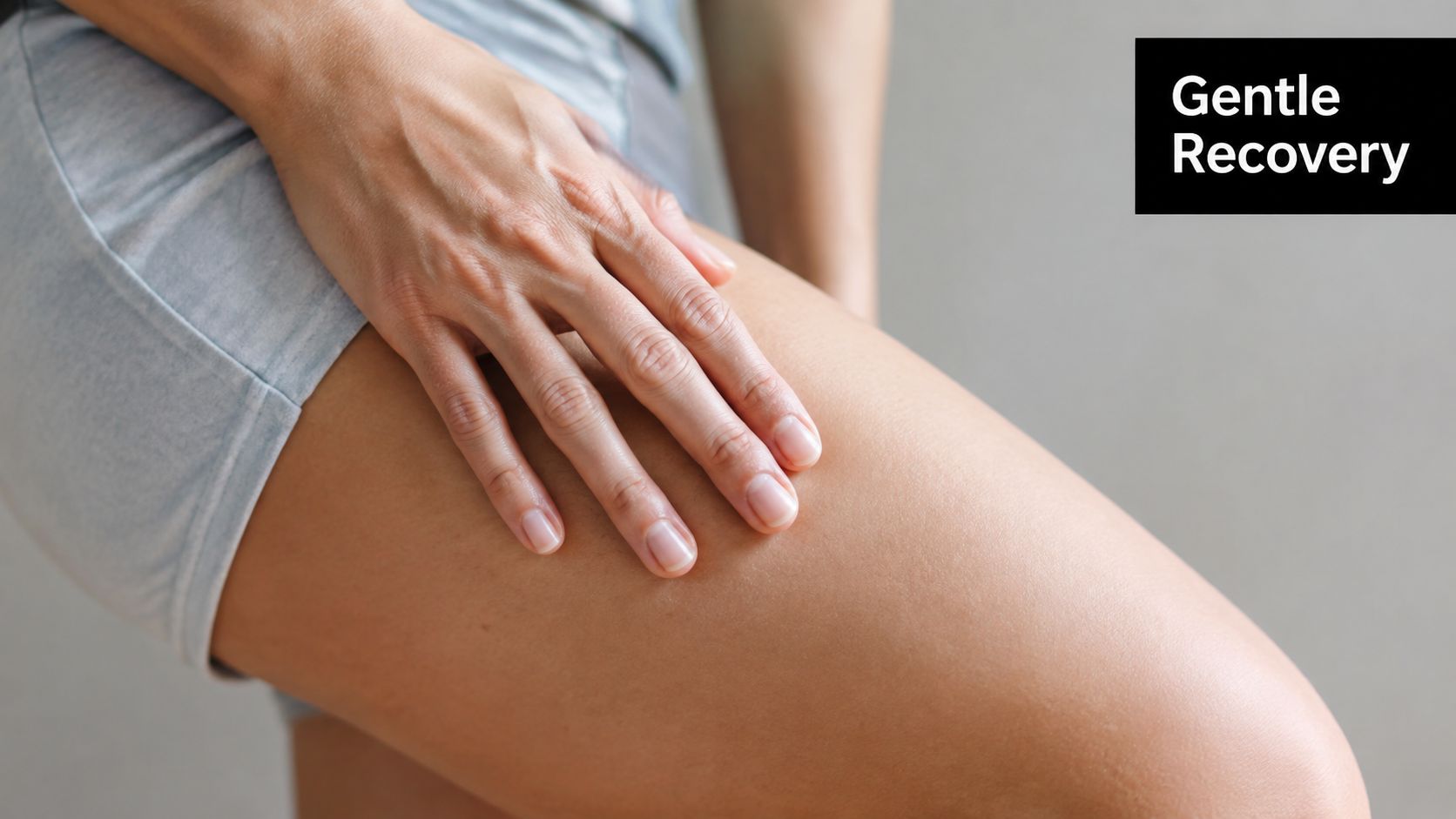 A person touching their smooth thigh skin, representing post-procedure care and gentle recovery after professional hair removal.