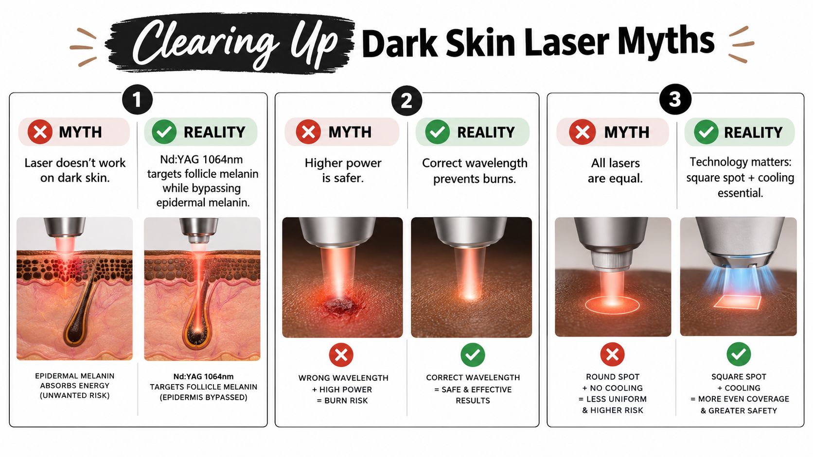 An infographic titled Clearing Up Dark Skin Laser Myths comparing correct and incorrect laser hair removal techniques.