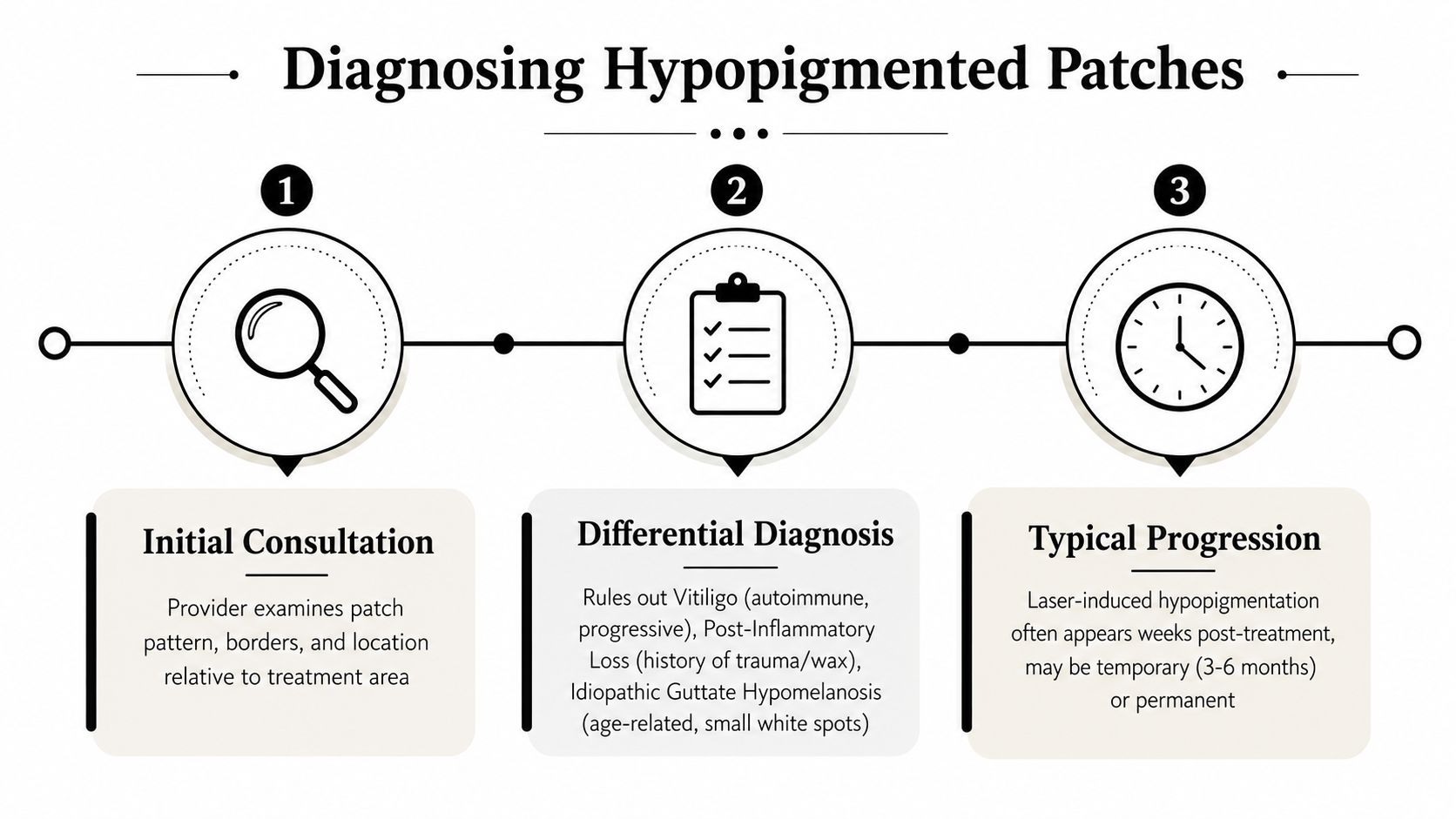A diagnostic infographic for identifying skin hypopigmentation, covering initial consultations, differential diagnoses, and typical treatment progression timelines.