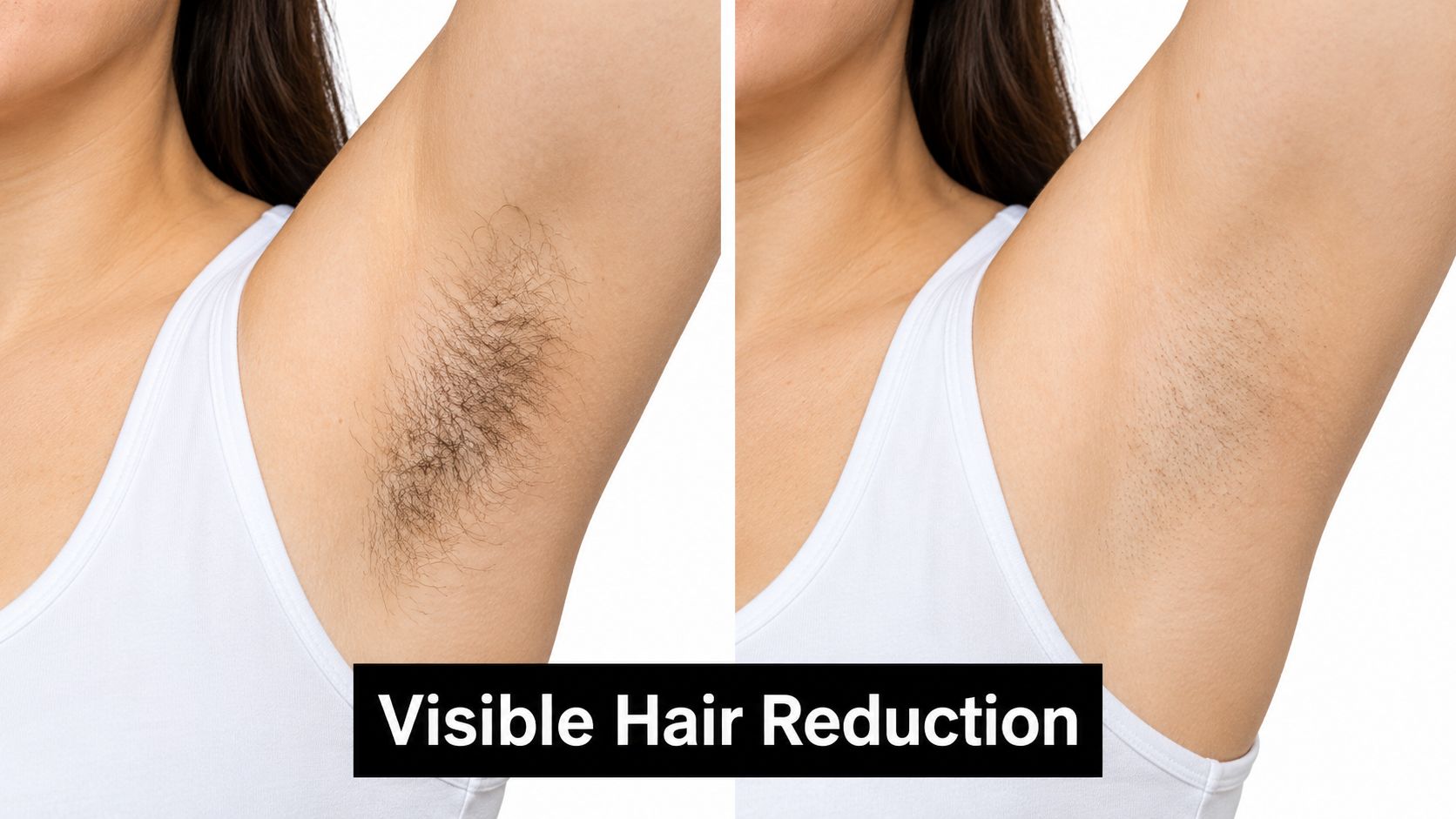 A split view showing underarm skin before and after laser hair removal treatment for visible hair reduction.
