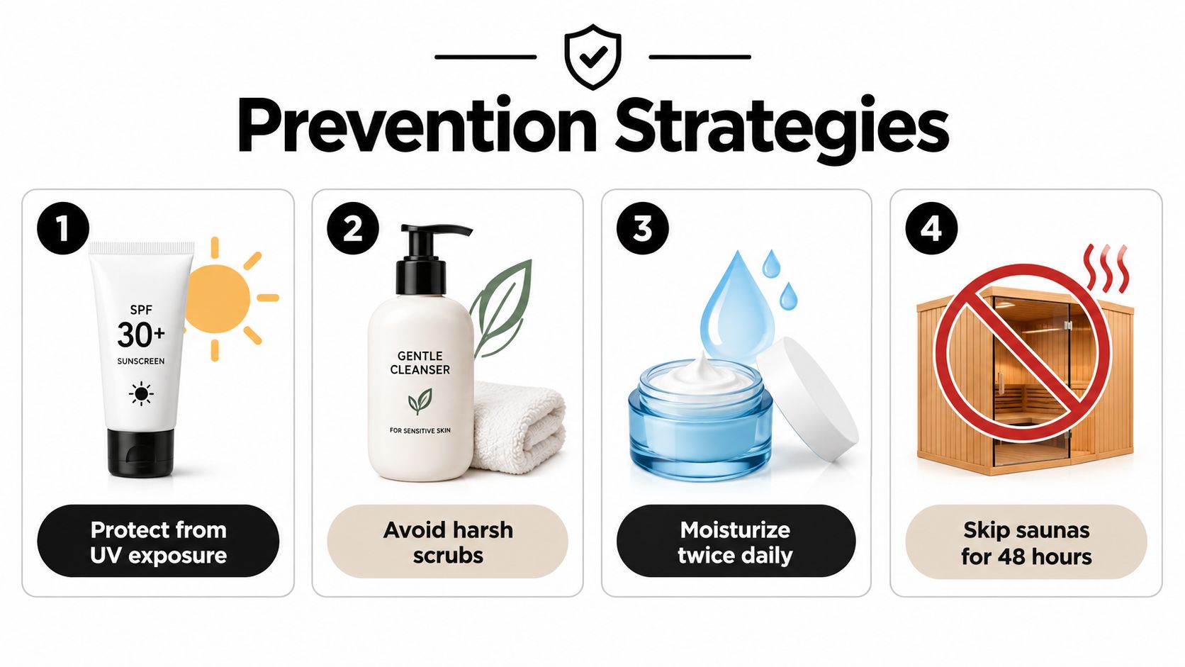 A four-step infographic illustrating skin care prevention strategies after cosmetic procedures like laser hair removal.