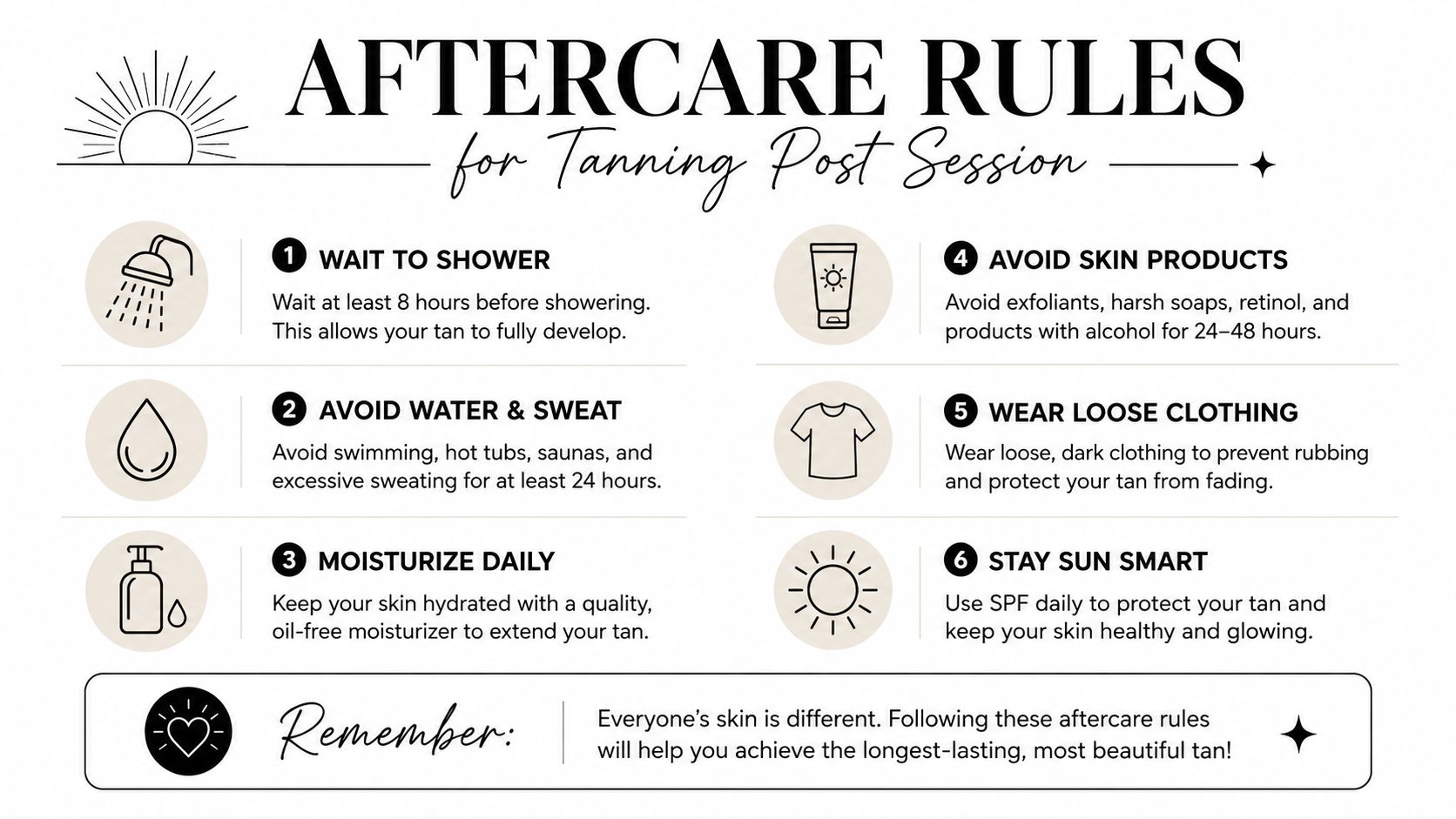 A helpful infographic listing six essential aftercare rules for maintaining a professional spray tan session results.