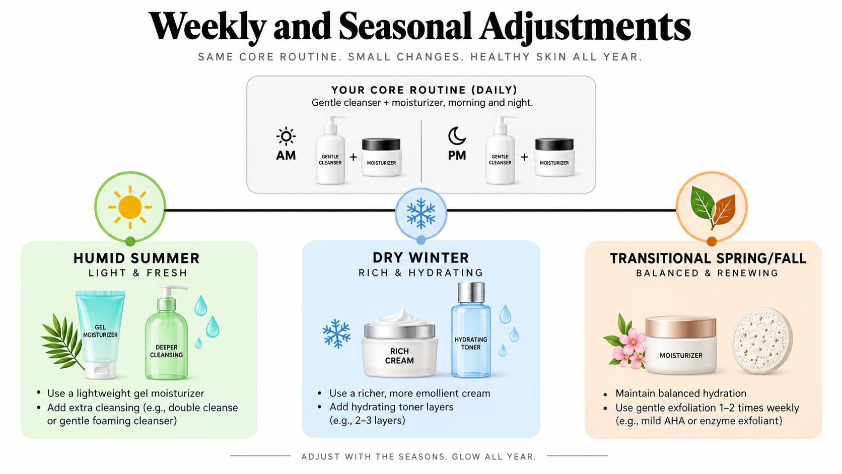 An infographic illustrating daily core skin care routines and seasonal adjustments for humid, dry, and transitional weather.