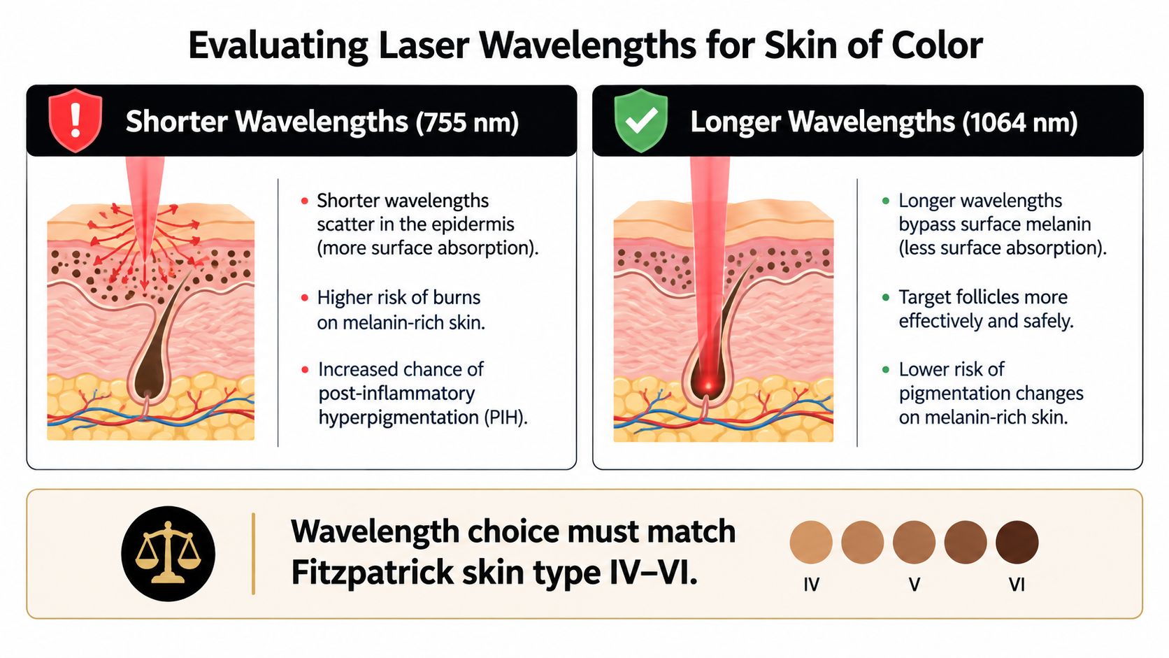A diagram comparing laser hair removal wavelengths for different skin tones to prevent hyperpigmentation.