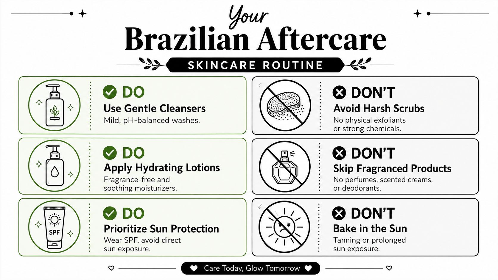 An infographic chart outlining essential skincare aftercare tips for maintaining healthy skin after a Brazilian waxing session.
