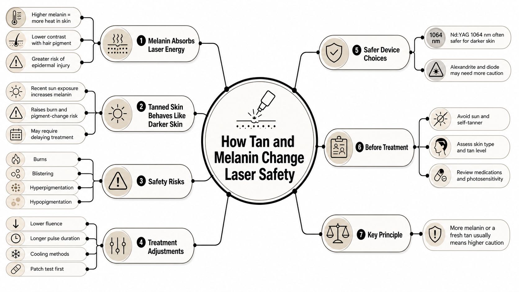 An infographic showing how melanin and skin tanning impact the safety of laser hair removal procedures.