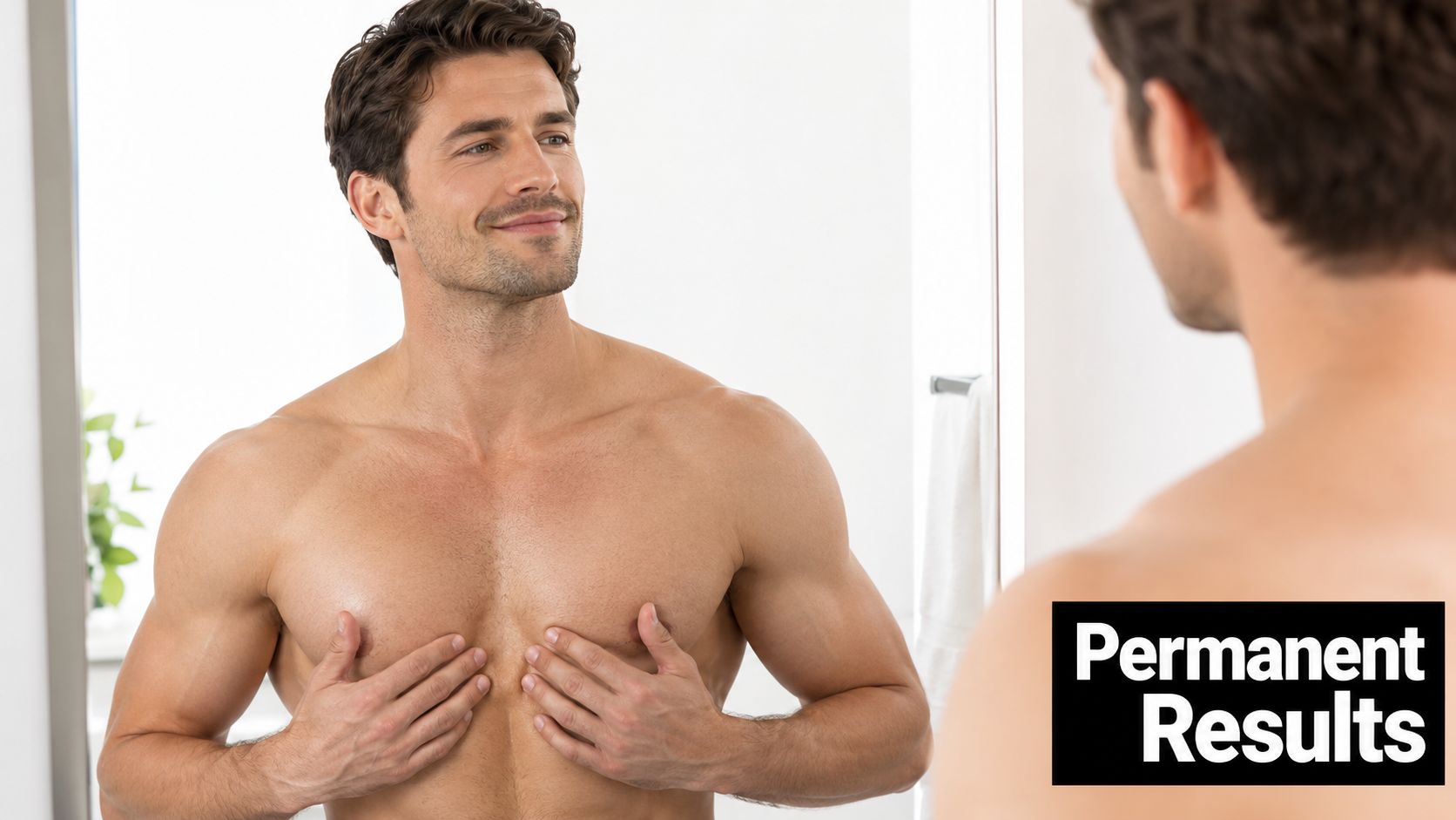A shirtless man looking at his smooth chest in the mirror with a content smile.