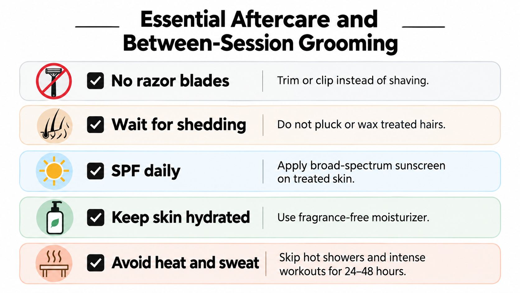 A list of essential aftercare tips for laser hair removal including avoiding razors and using SPF daily.