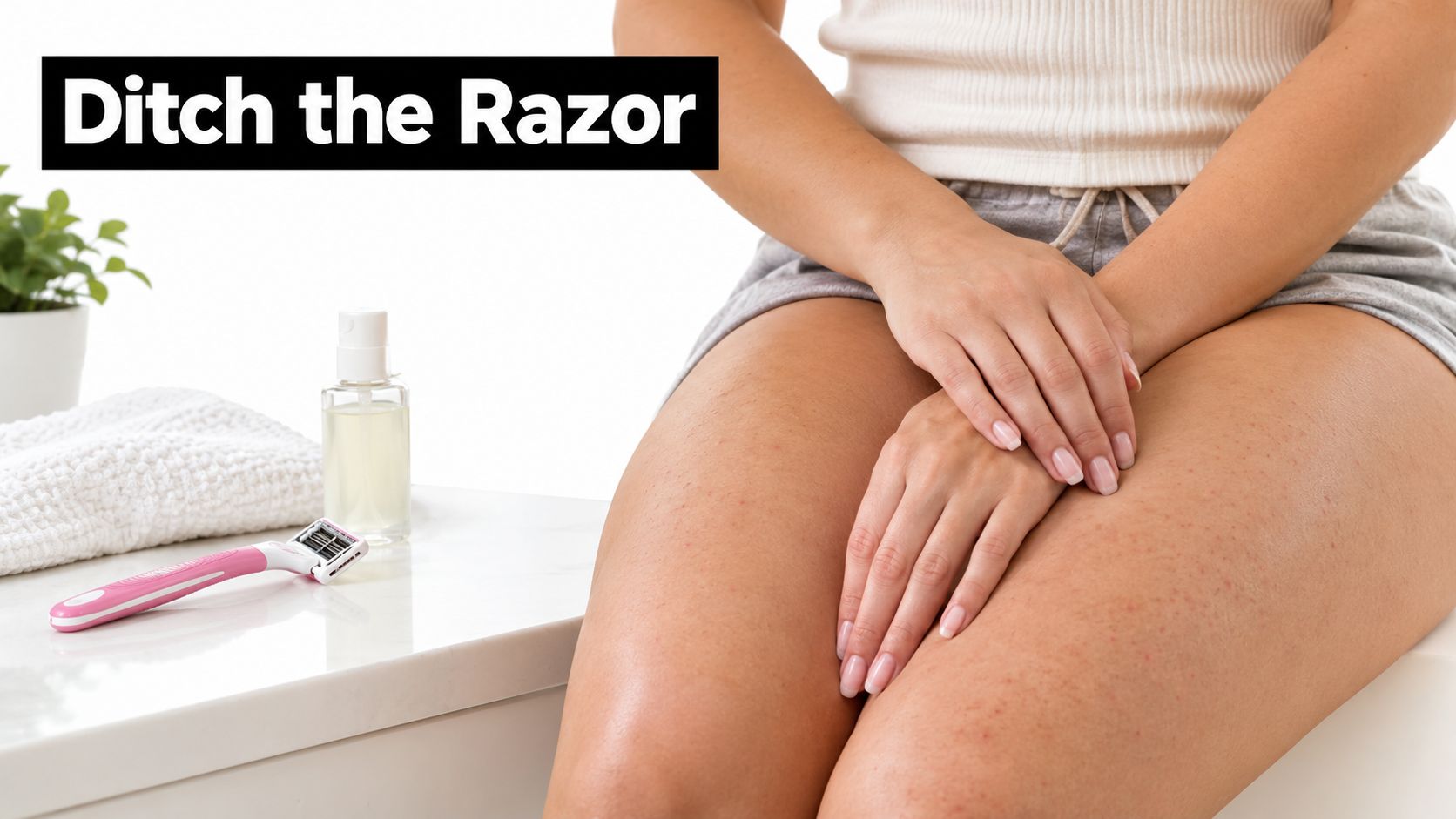 A person sitting with a razor and oil nearby, suggesting laser hair removal for bikini lines.