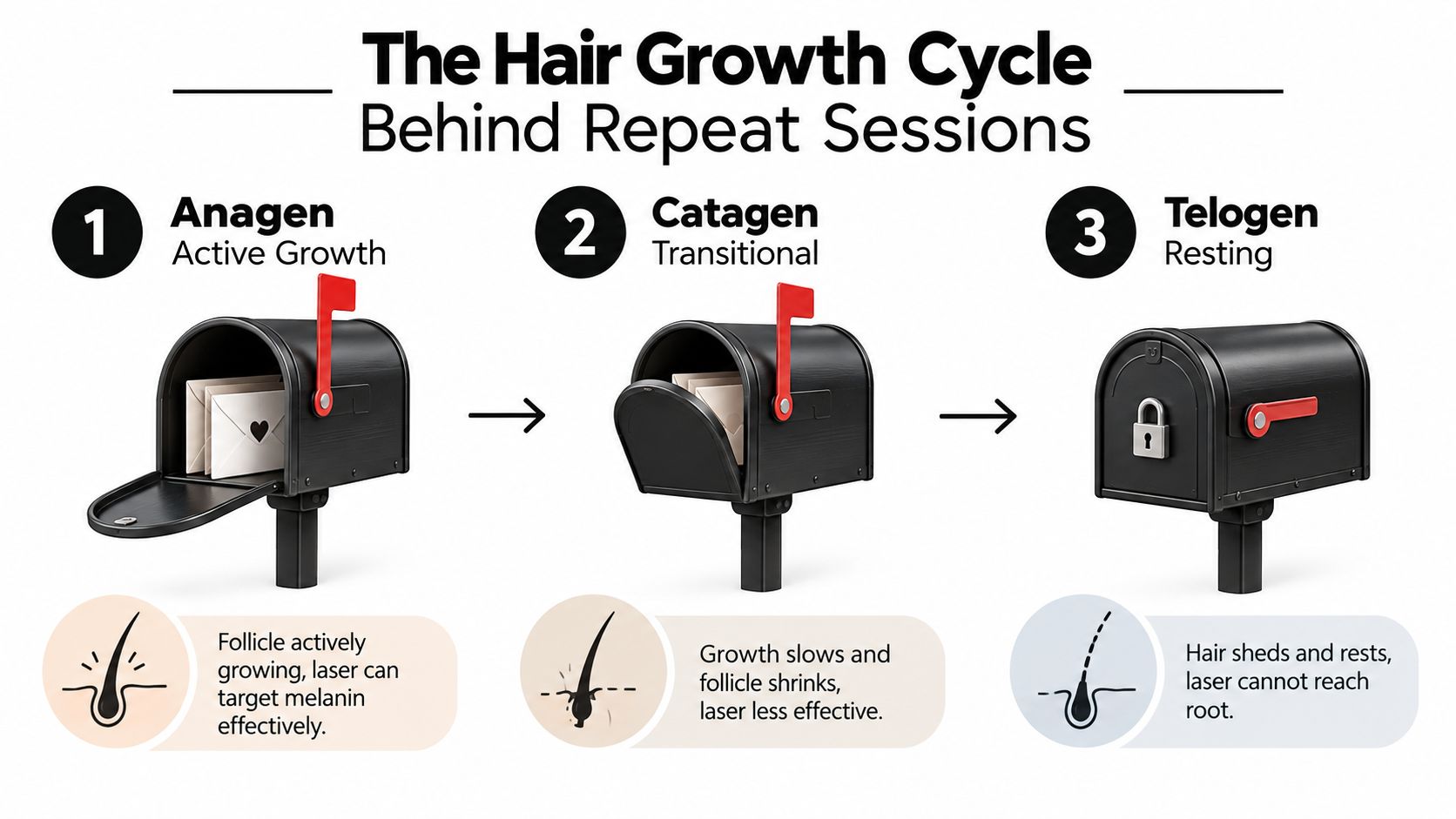 A diagram illustrating the three phases of the hair growth cycle: Anagen, Catagen, and Telogen for laser treatment.
