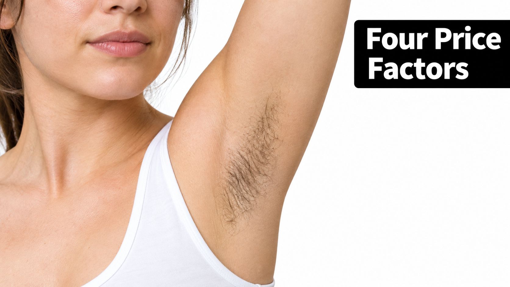 A close up view of a woman with natural underarm hair raising her arm against white background.