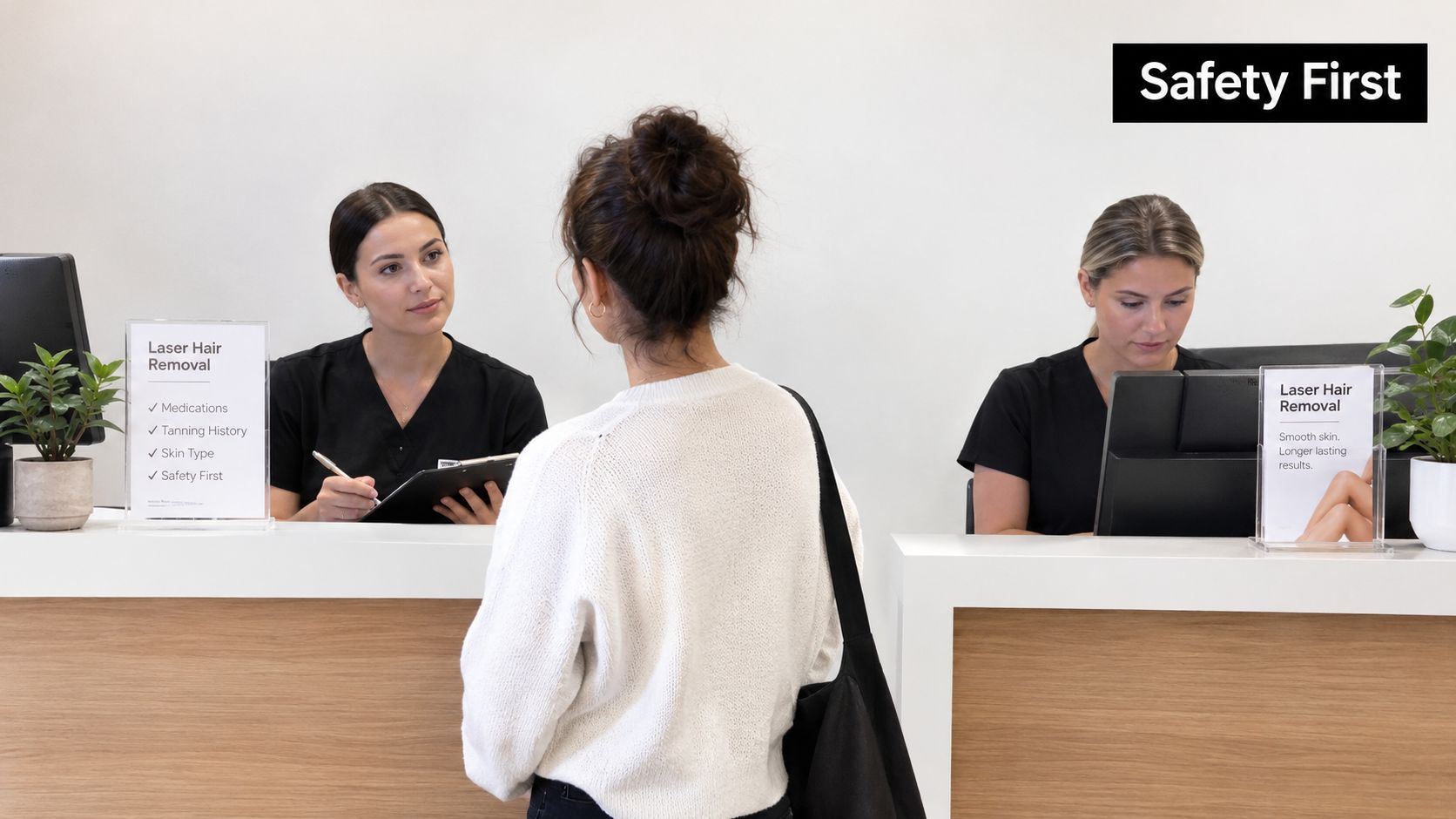 Two receptionists in black uniforms assisting a client at a modern laser hair removal clinic reception desk.