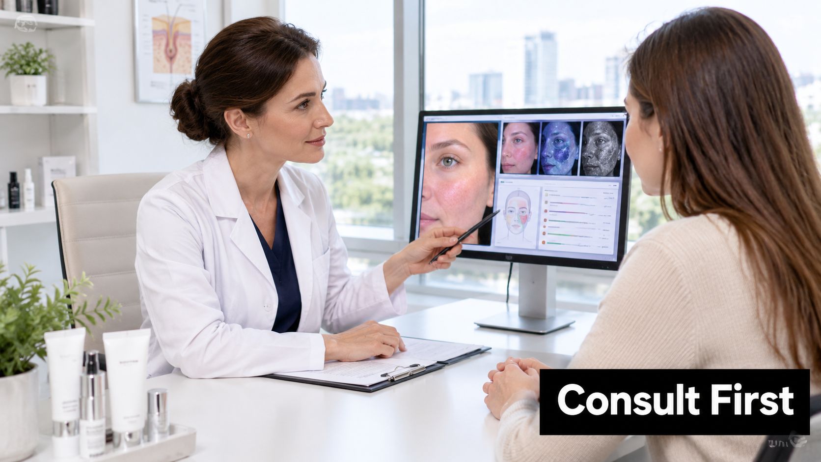 A dermatologist consults with a female patient, analyzing skin conditions using digital imaging software on a monitor.