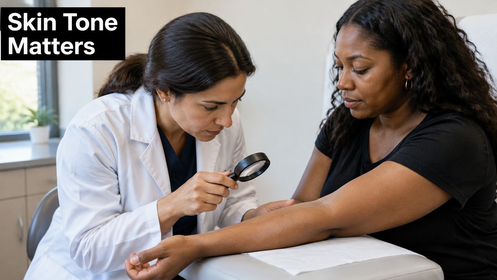 A dermatologist examines a patient's arm skin with a magnifying glass during a clinical consultation.
