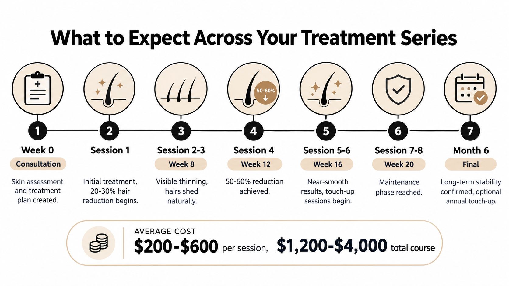 A detailed infographic timeline showing the stages and expected outcomes of a professional laser hair removal treatment series.