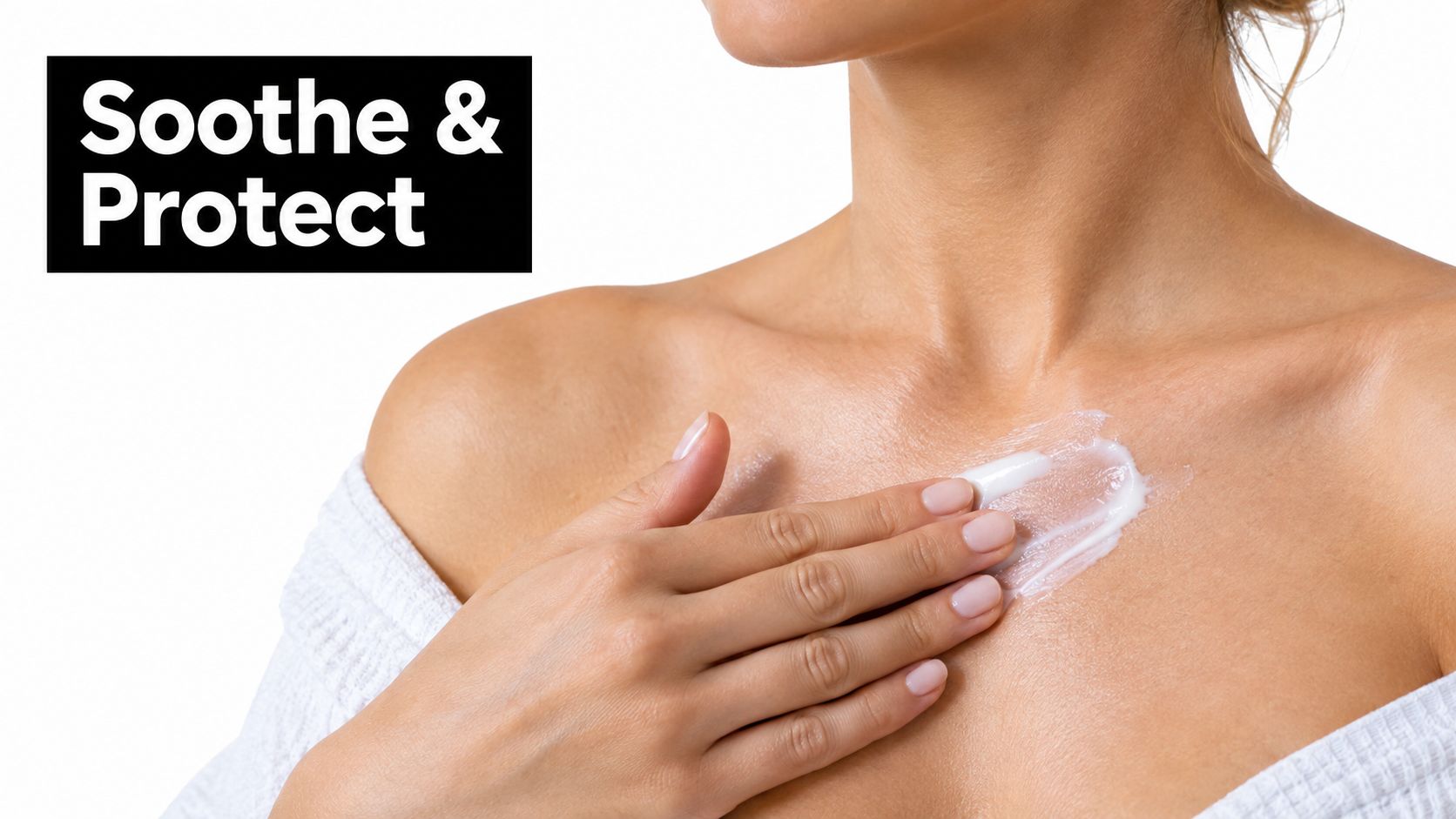 A woman applying soothing moisturizing cream on her chest area in a skincare self-care routine.