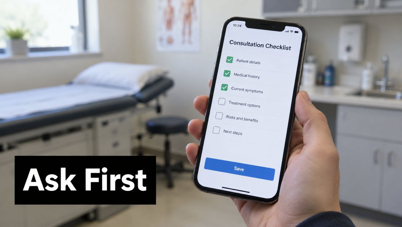 A person holding a smartphone displaying a digital medical consultation checklist app in a clinic room.