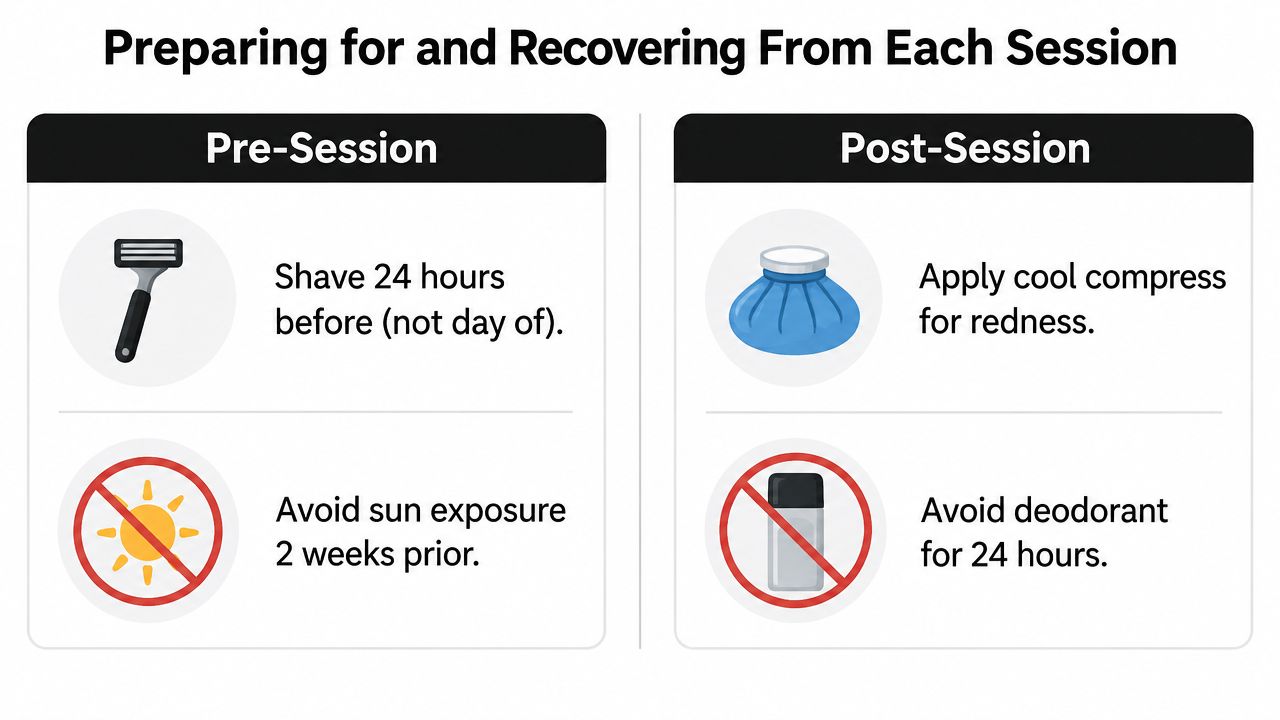 A guide showing pre and post-session instructions for laser hair removal including shaving and sun exposure.