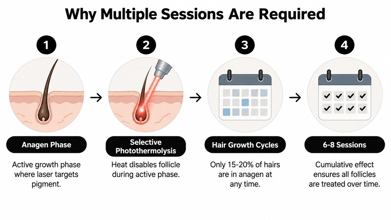 A diagram explaining why multiple laser hair removal sessions are needed based on hair growth cycles.