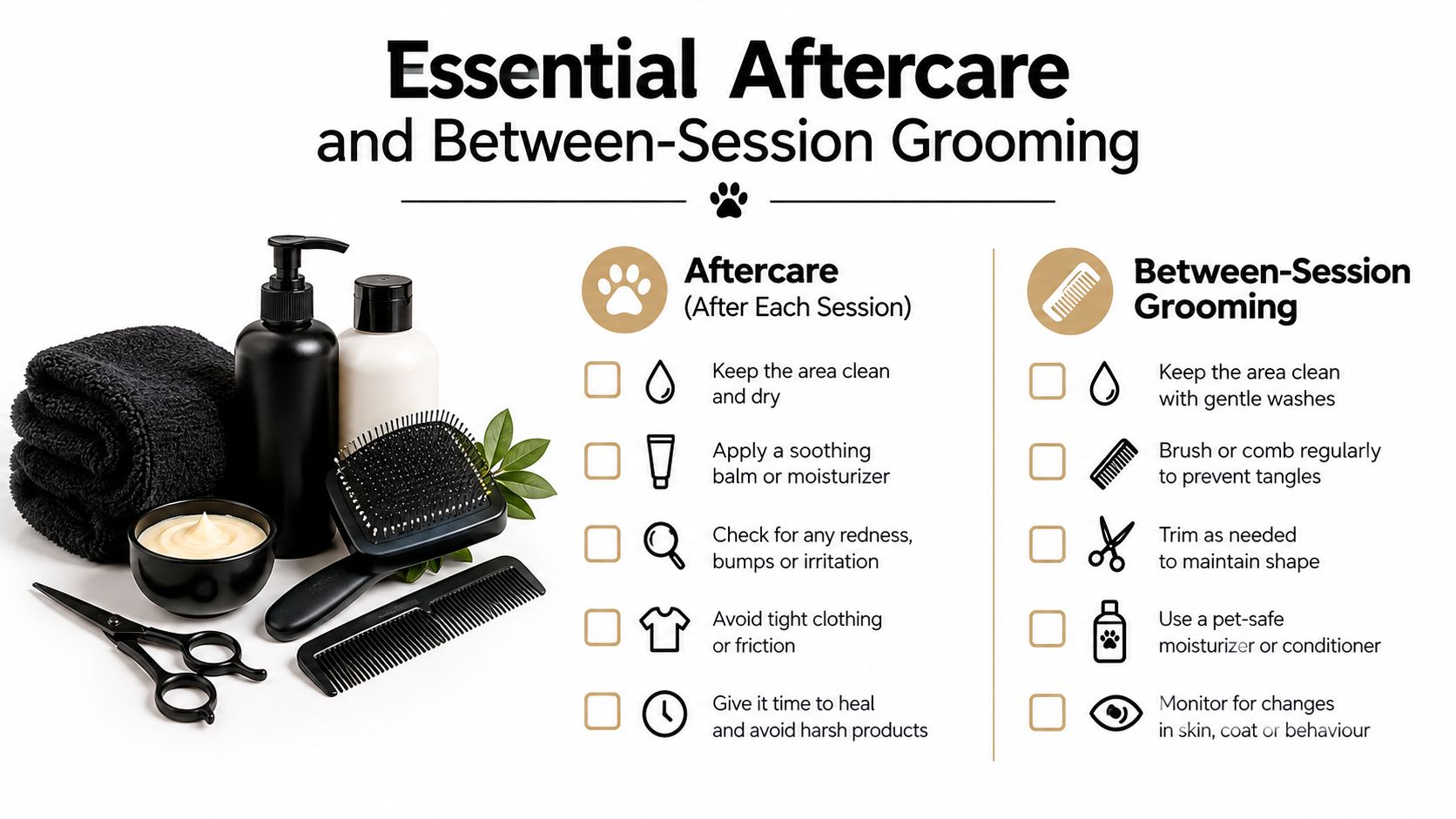 Informational guide on essential pet aftercare and between-session grooming tips with grooming tools displayed.