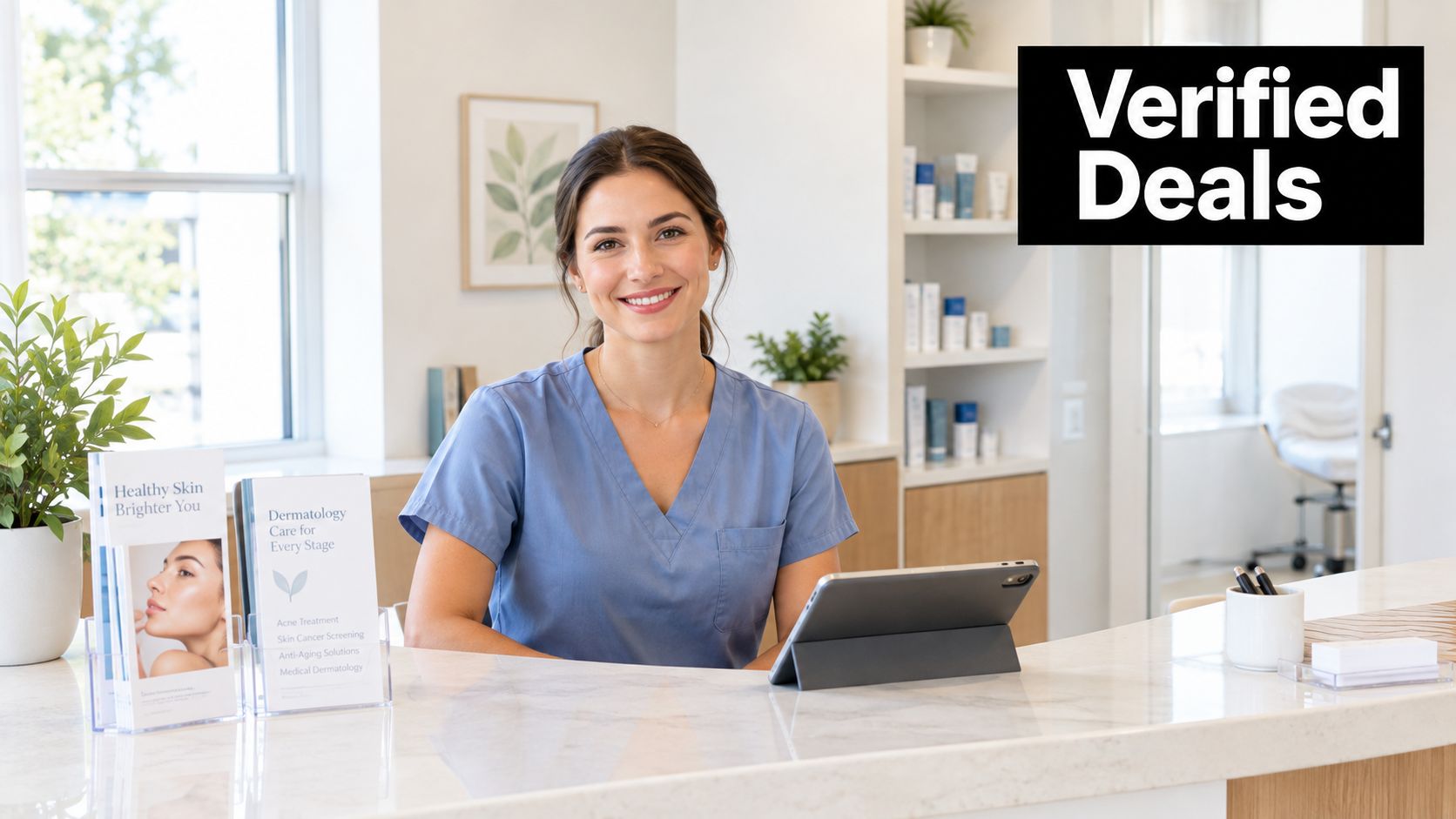 A friendly medical professional sits at a clean, modern dermatology reception desk holding a digital tablet.