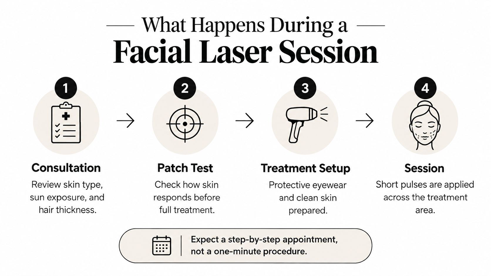 An infographic detailing the four-step process for a professional facial laser hair removal treatment session.